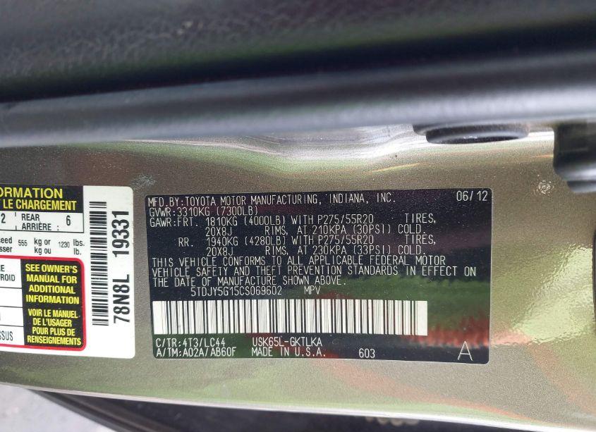 Photo 9 of 2012 Toyota Sequoia LIMITED 5.7L V8 (VIN 5TDJY5G15CS069602)