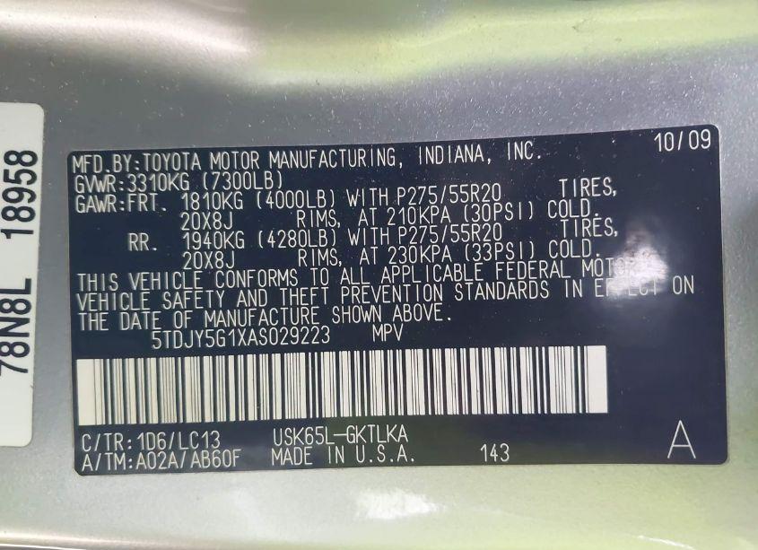 Photo 9 of 2010 Toyota Sequoia LIMITED 5.7L V8 (VIN 5TDJY5G1XAS029223)