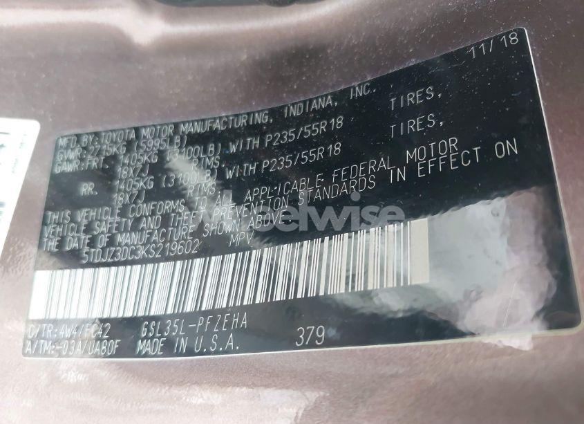 Photo 9 of 2019 Toyota Sienna LE 7 PASSENGER (VIN 5TDJZ3DC3KS219602)