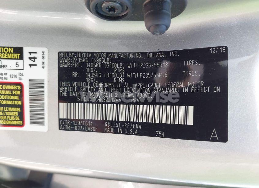 Photo 9 of 2019 Toyota Sienna LE 7 PASSENGER (VIN 5TDJZ3DC4KS221245)