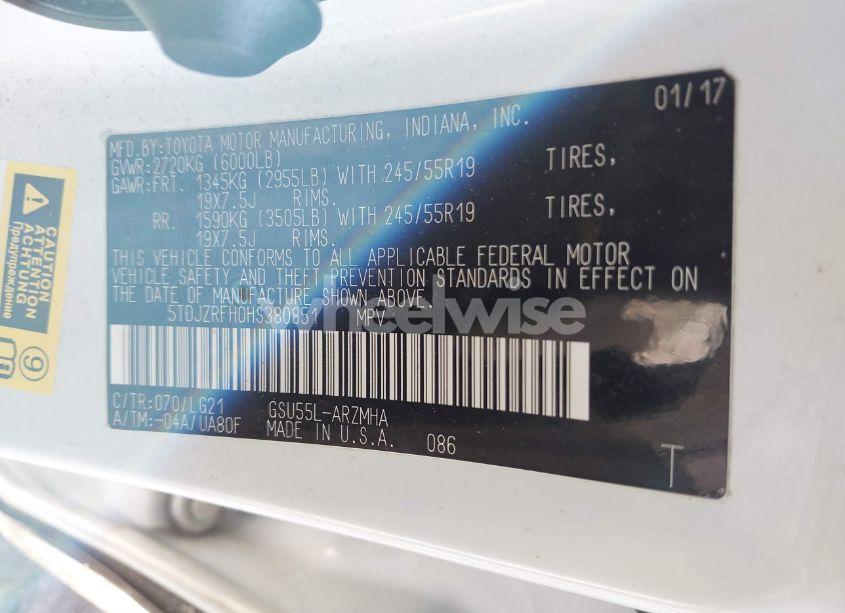 Photo 9 of 2017 Toyota Highlander SE (VIN 5TDJZRFH0HS380851)