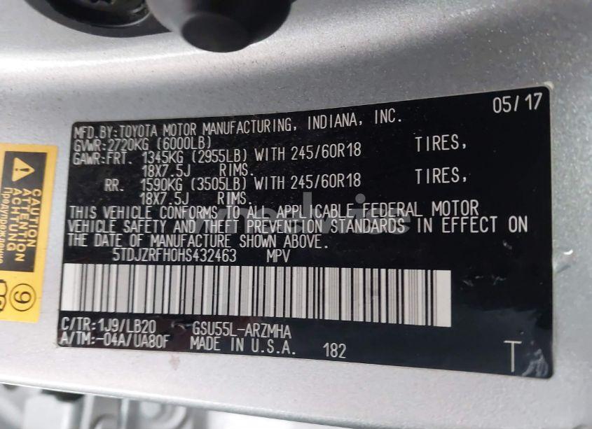 Photo 9 of 2017 Toyota Highlander XLE (VIN 5TDJZRFH0HS432463)