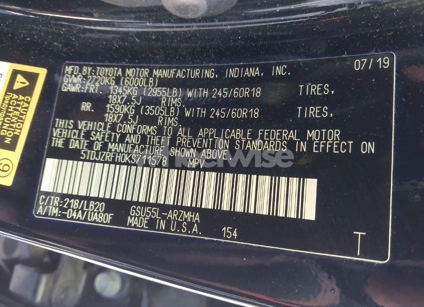 Photo 9 of 2019 Toyota Highlander XLE (VIN 5TDJZRFH0KS711578)