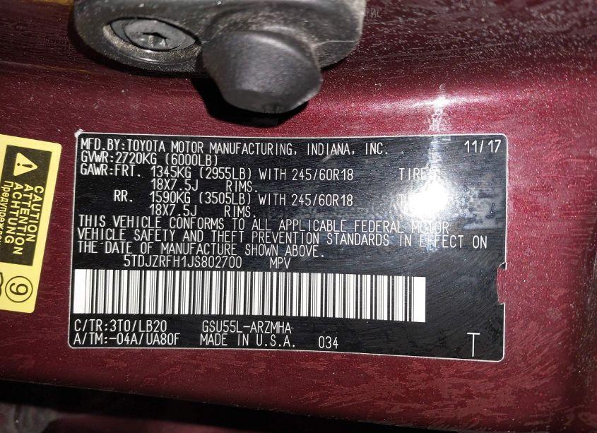 Photo 9 of 2018 Toyota Highlander XLE (VIN 5TDJZRFH1JS802700)