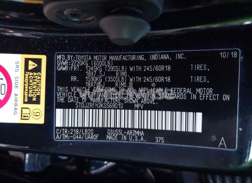 Photo 9 of 2019 Toyota Highlander XLE (VIN 5TDJZRFH2KS569010)