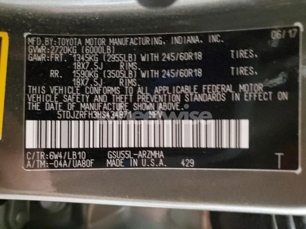 Photo 14 of 2017 TOYOTA HIGHLANDER SE (VIN 5TDJZRFH3HS434871)