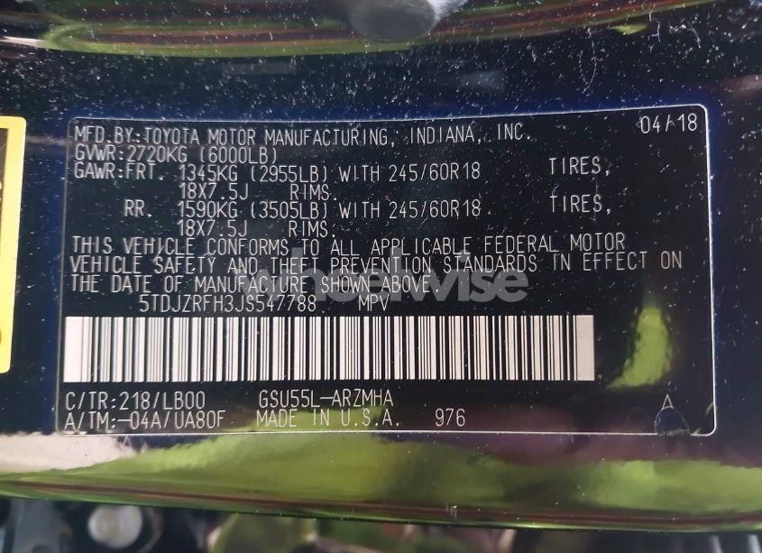 Photo 9 of 2018 Toyota Highlander XLE (VIN 5TDJZRFH3JS547788)