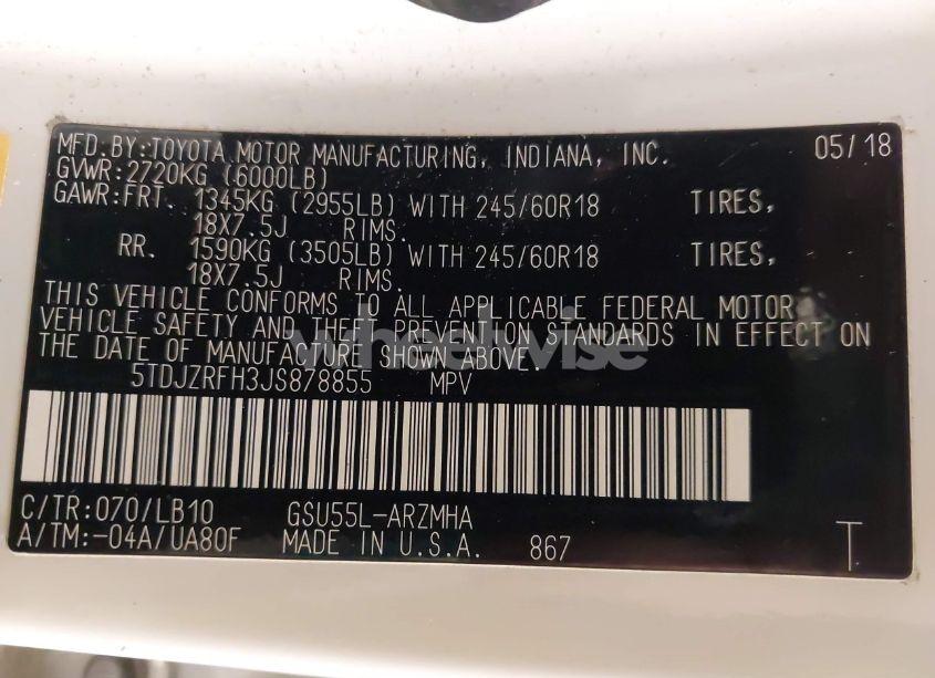 Photo 9 of 2018 Toyota Highlander XLE (VIN 5TDJZRFH3JS878855)