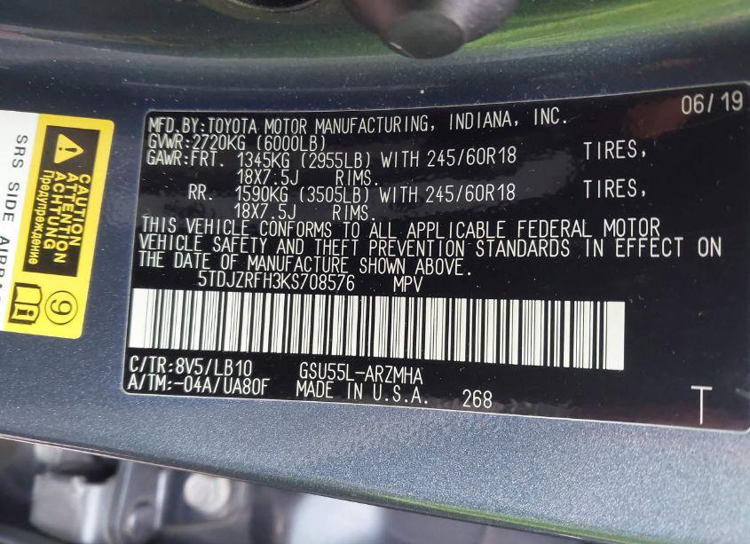 Photo 9 of 2019 Toyota Highlander XLE (VIN 5TDJZRFH3KS708576)