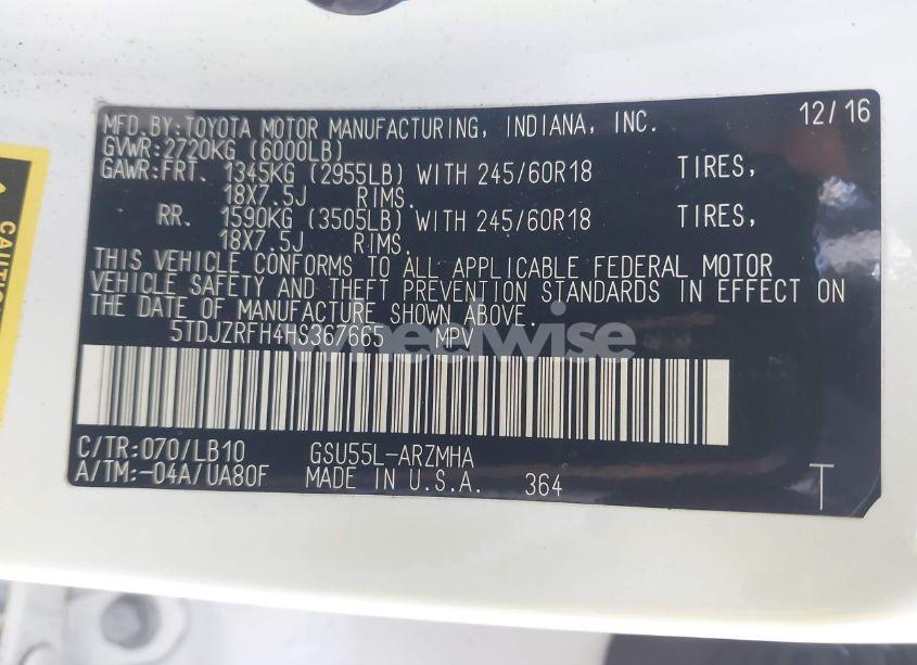 Photo 9 of 2017 Toyota Highlander XLE (VIN 5TDJZRFH4HS367665)