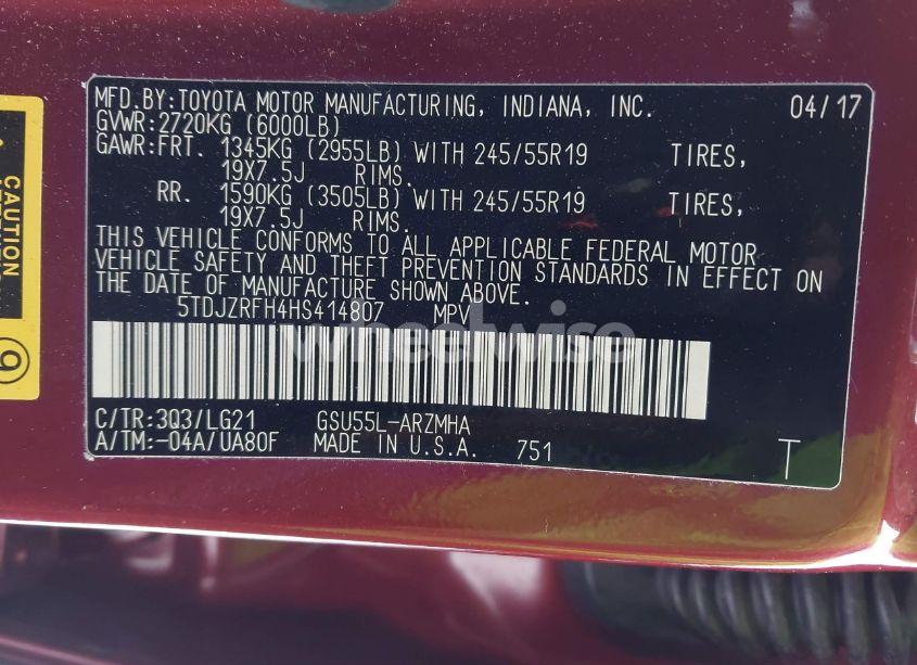 Photo 9 of 2017 Toyota Highlander SE (VIN 5TDJZRFH4HS414807)