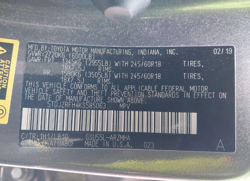 Photo 9 of 2019 Toyota Highlander XLE (VIN 5TDJZRFH4KS585063)