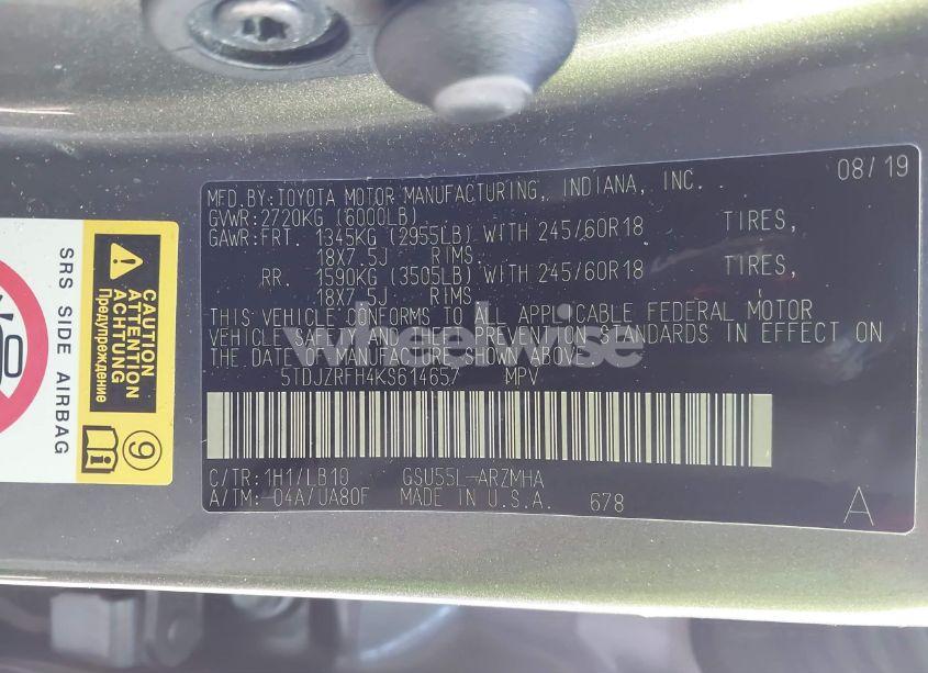 Photo 9 of 2019 Toyota Highlander XLE (VIN 5TDJZRFH4KS614657)