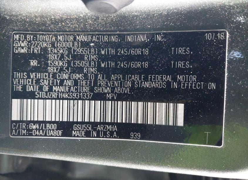 Photo 9 of 2019 Toyota Highlander XLE (VIN 5TDJZRFH4KS931337)