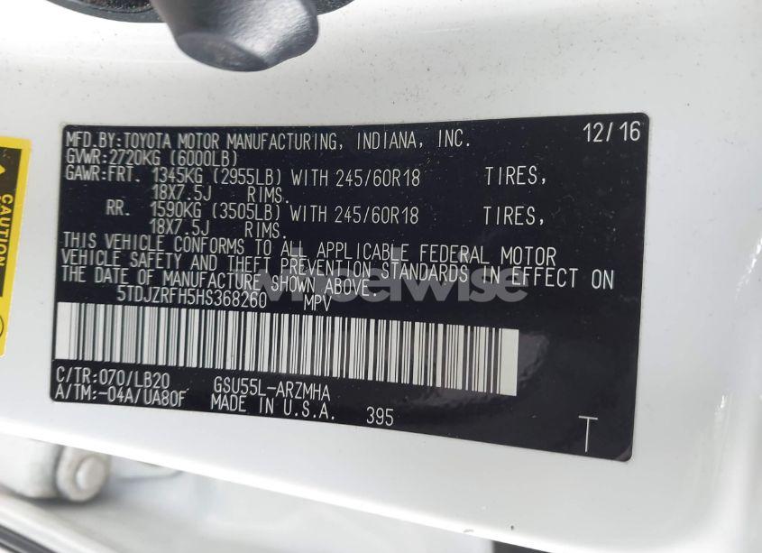 Photo 9 of 2017 Toyota Highlander XLE (VIN 5TDJZRFH5HS368260)