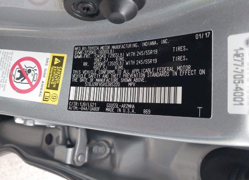 Photo 9 of 2017 Toyota Highlander SE (VIN 5TDJZRFH5HS385320)