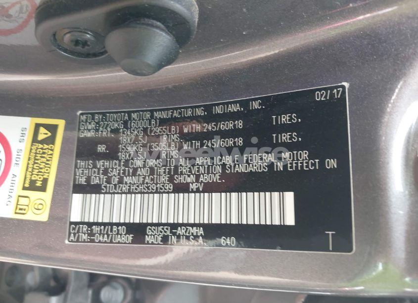 Photo 9 of 2017 Toyota Highlander XLE (VIN 5TDJZRFH5HS391599)