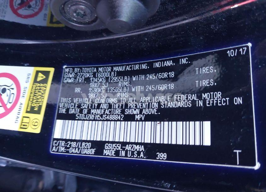 Photo 9 of 2018 Toyota Highlander XLE (VIN 5TDJZRFH5JS488842)