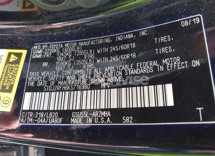 Photo 9 of 2019 Toyota Highlander XLE (VIN 5TDJZRFH6KS716980)