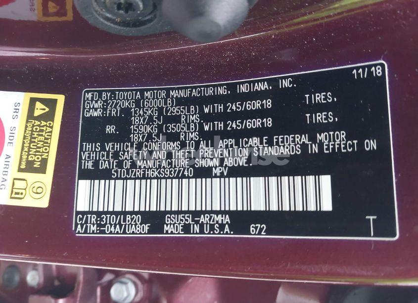 Photo 9 of 2019 Toyota Highlander XLE (VIN 5TDJZRFH6KS937740)