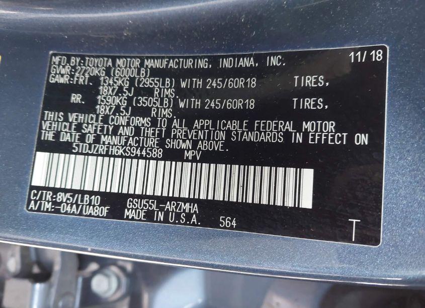 Photo 9 of 2019 Toyota Highlander XLE (VIN 5TDJZRFH6KS944588)