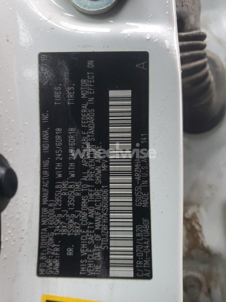 Photo 14 of 2019 TOYOTA HIGHLANDER SE (VIN 5TDJZRFH7KS608061)