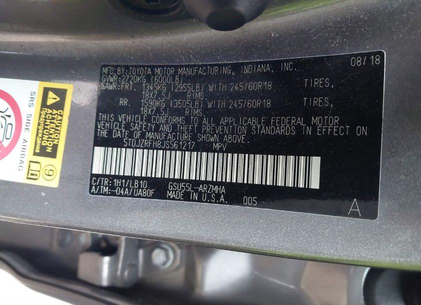 Photo 9 of 2018 Toyota Highlander XLE (VIN 5TDJZRFH8JS561217)