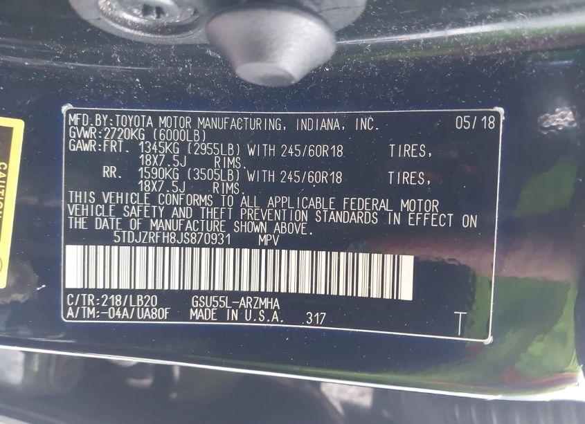 Photo 9 of 2018 Toyota Highlander XLE (VIN 5TDJZRFH8JS870931)