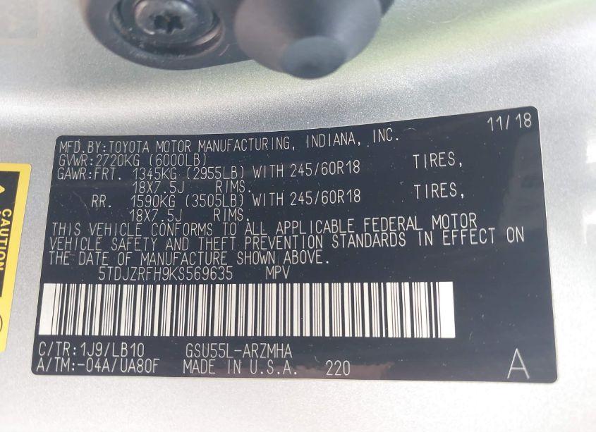 Photo 9 of 2019 Toyota Highlander XLE (VIN 5TDJZRFH9KS569635)