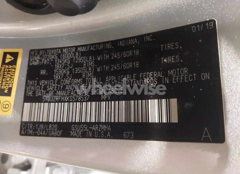 Photo 9 of 2019 Toyota Highlander XLE (VIN 5TDJZRFHXKS578537)