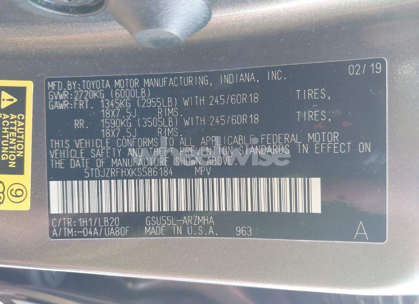 Photo 9 of 2019 Toyota Highlander XLE (VIN 5TDJZRFHXKS586184)