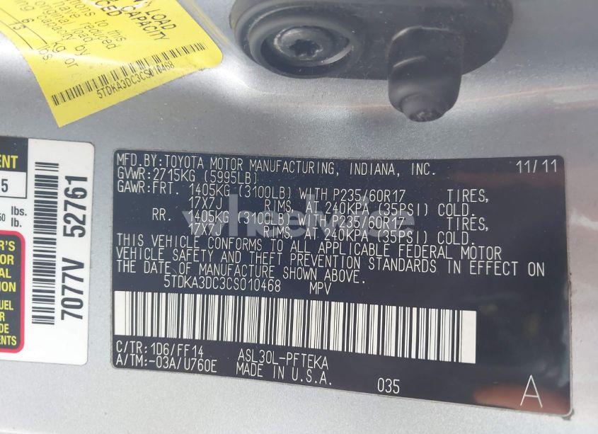 Photo 9 of 2012 Toyota Sienna BASE 7 PASSENGER (VIN 5TDKA3DC3CS010468)