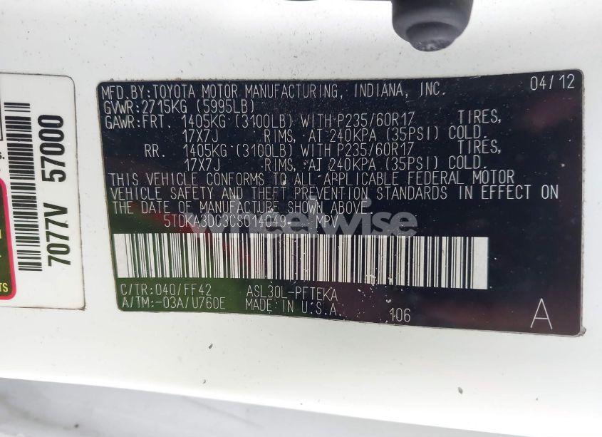 Photo 9 of 2012 Toyota Sienna BASE 7 PASSENGER (VIN 5TDKA3DC3CS014049)