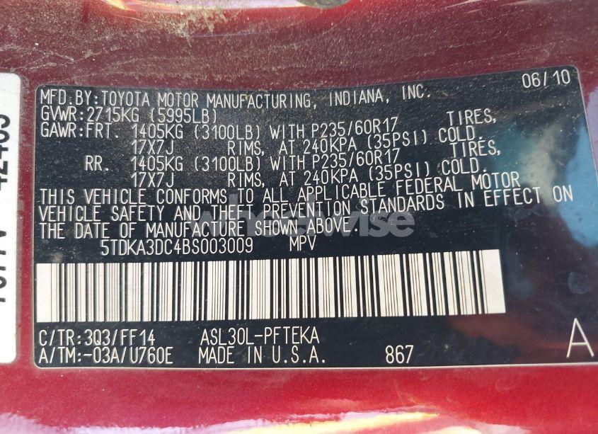 Photo 9 of 2011 Toyota Sienna LE (VIN 5TDKA3DC4BS003009)