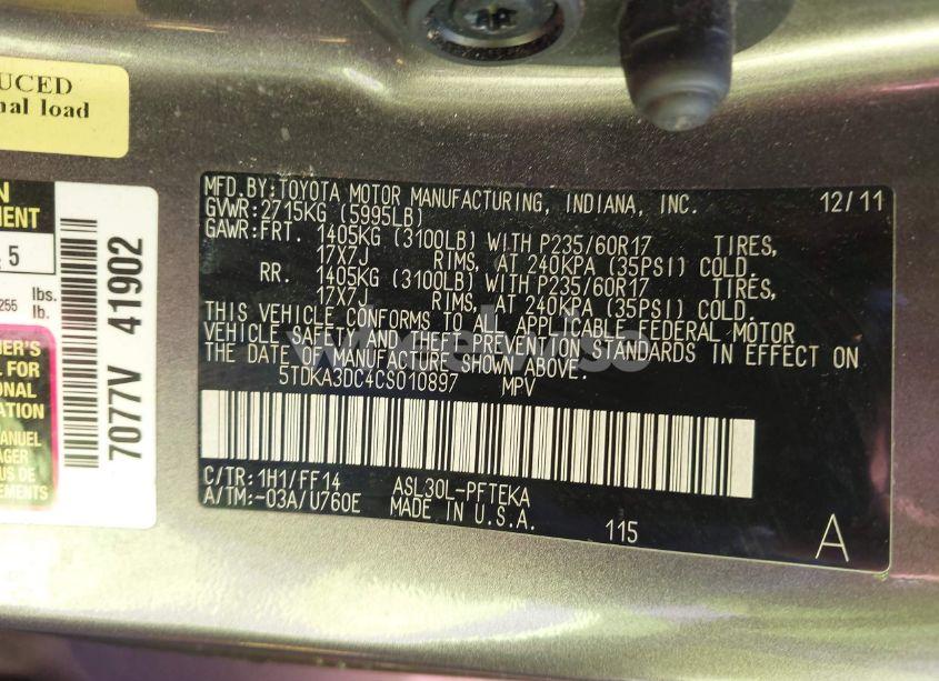 Photo 9 of 2012 Toyota Sienna BASE 7 PASSENGER (VIN 5TDKA3DC4CS010897)