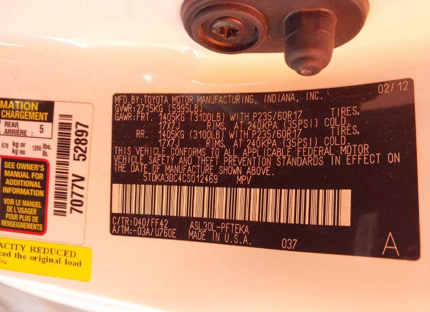 Photo 9 of 2012 Toyota Sienna BASE 7 PASSENGER (VIN 5TDKA3DC4CS012469)