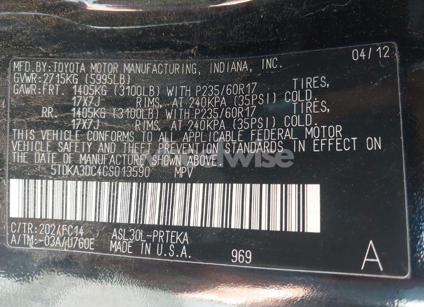 Photo 9 of 2012 Toyota Sienna LE (VIN 5TDKA3DC4CS013590)