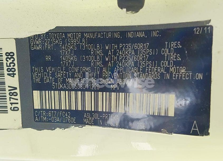 Photo 9 of 2012 Toyota Sienna LE 8 PASSENGER (VIN 5TDKA3DC5CS011220)