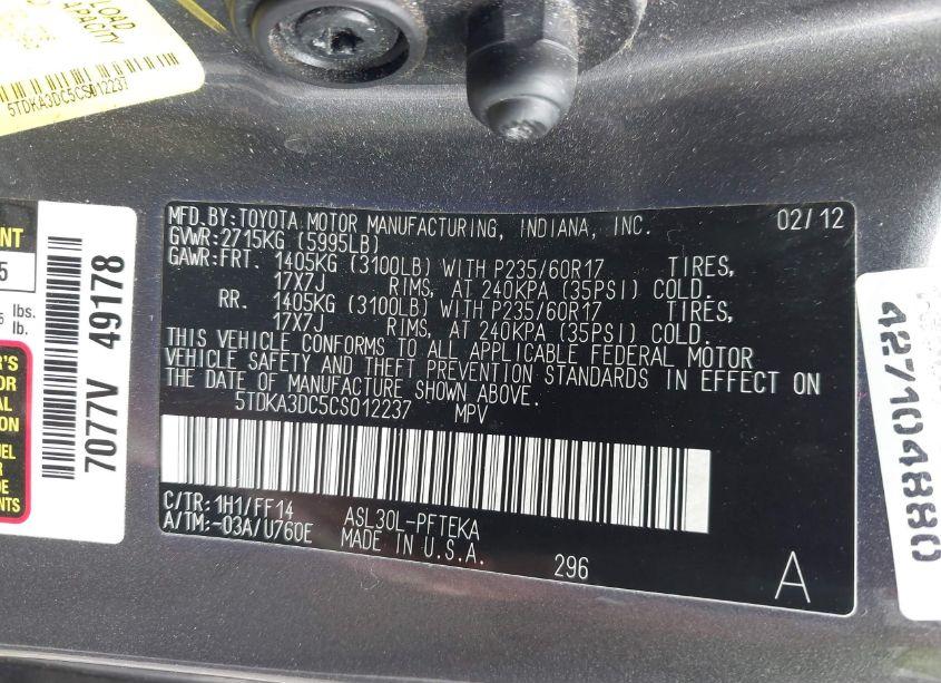Photo 9 of 2012 Toyota Sienna BASE 7 PASSENGER (VIN 5TDKA3DC5CS012237)