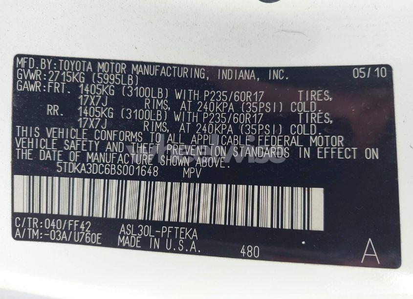 Photo 9 of 2011 Toyota Sienna (VIN 5TDKA3DC6BS001648)