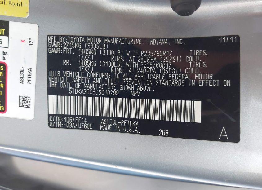 Photo 9 of 2012 Toyota Sienna BASE 7 PASSENGER (VIN 5TDKA3DC6CS010299)