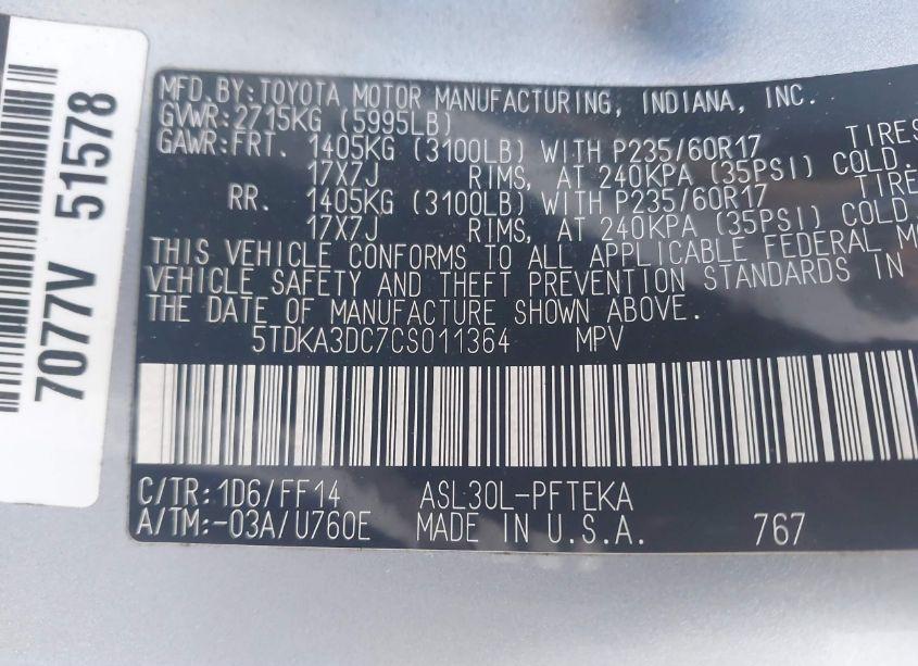 Photo 9 of 2012 Toyota Sienna BASE 7 PASSENGER (VIN 5TDKA3DC7CS011364)