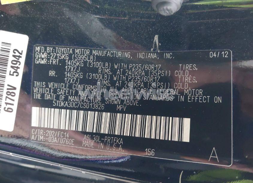 Photo 9 of 2012 Toyota Sienna BASE 7 PASSENGER/LE 8 PASSENGER (VIN 5TDKA3DC7CS013826)