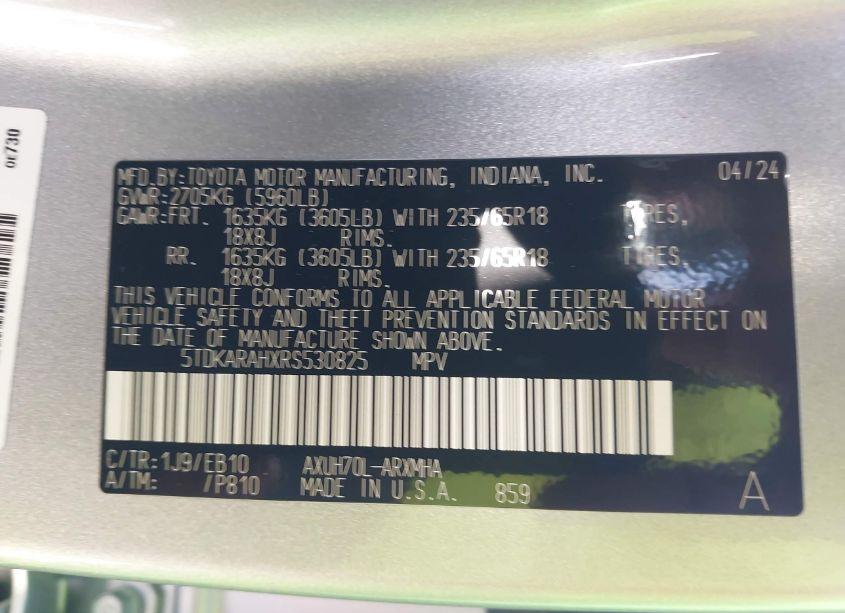 Photo 9 of 2024 Toyota Highlander HYBRID XLE (VIN 5TDKARAHXRS530825)