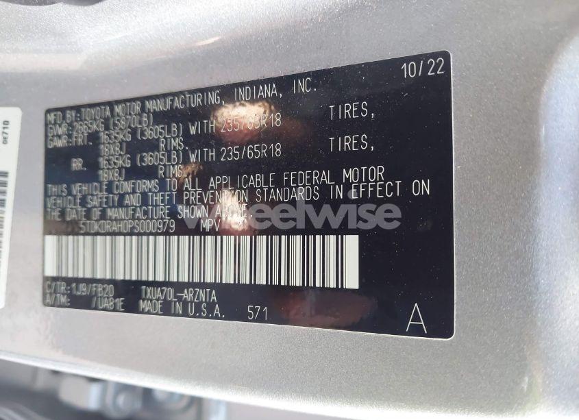 Photo 9 of 2023 Toyota Highlander LE (VIN 5TDKDRAH0PS000979)