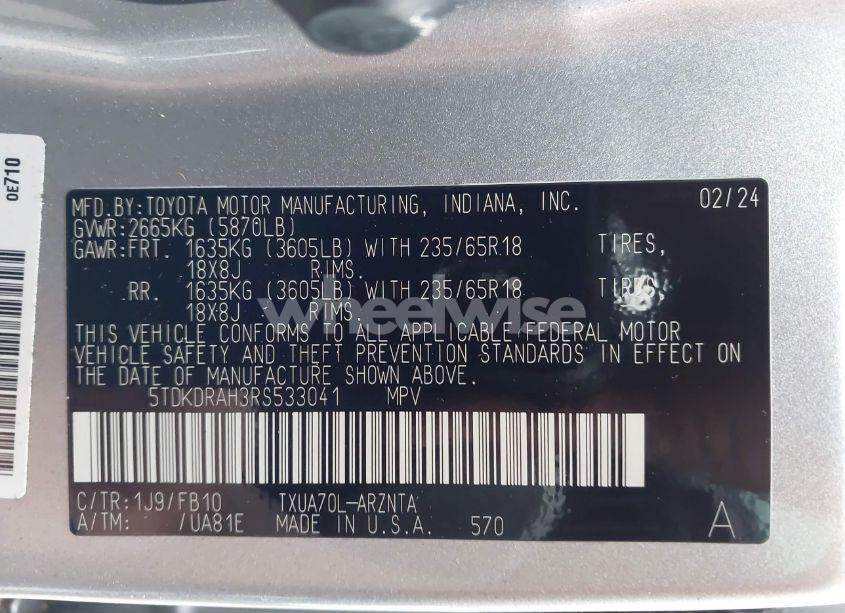 Photo 9 of 2024 Toyota Highlander LE (VIN 5TDKDRAH3RS533041)