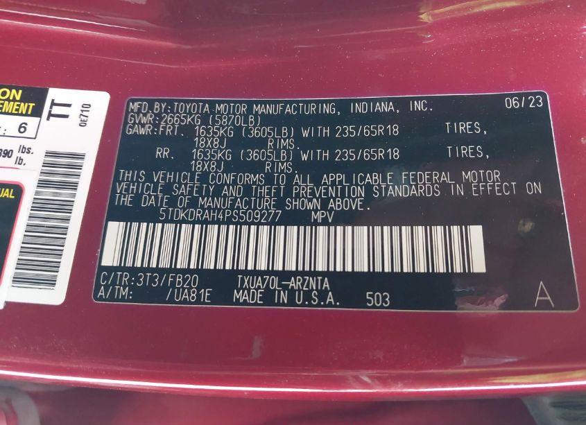 Photo 9 of 2023 Toyota Highlander LE (VIN 5TDKDRAH4PS509277)