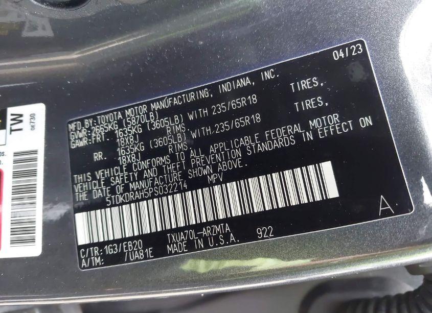 Photo 9 of 2023 Toyota Highlander XLE (VIN 5TDKDRAH5PS032214)