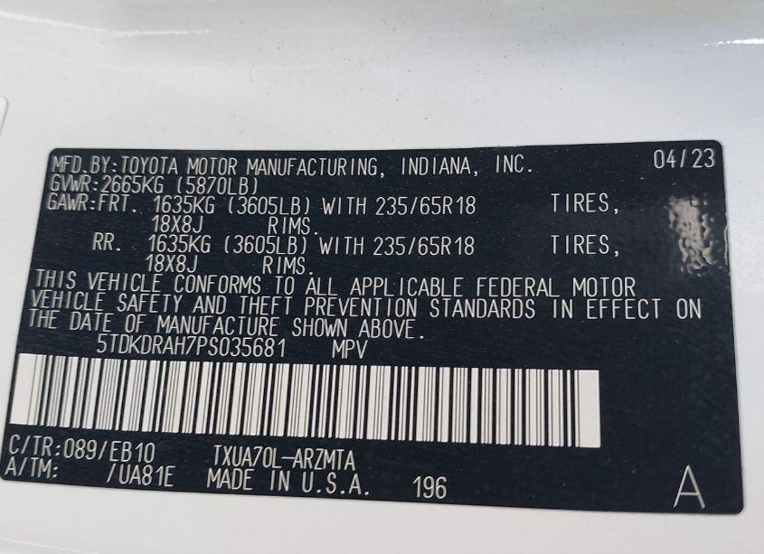 Photo 9 of 2023 Toyota Highlander XLE (VIN 5TDKDRAH7PS035681)