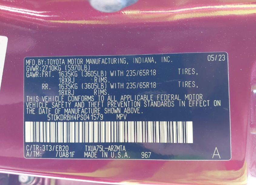 Photo 9 of 2023 Toyota Highlander XLE (VIN 5TDKDRBH4PS041579)